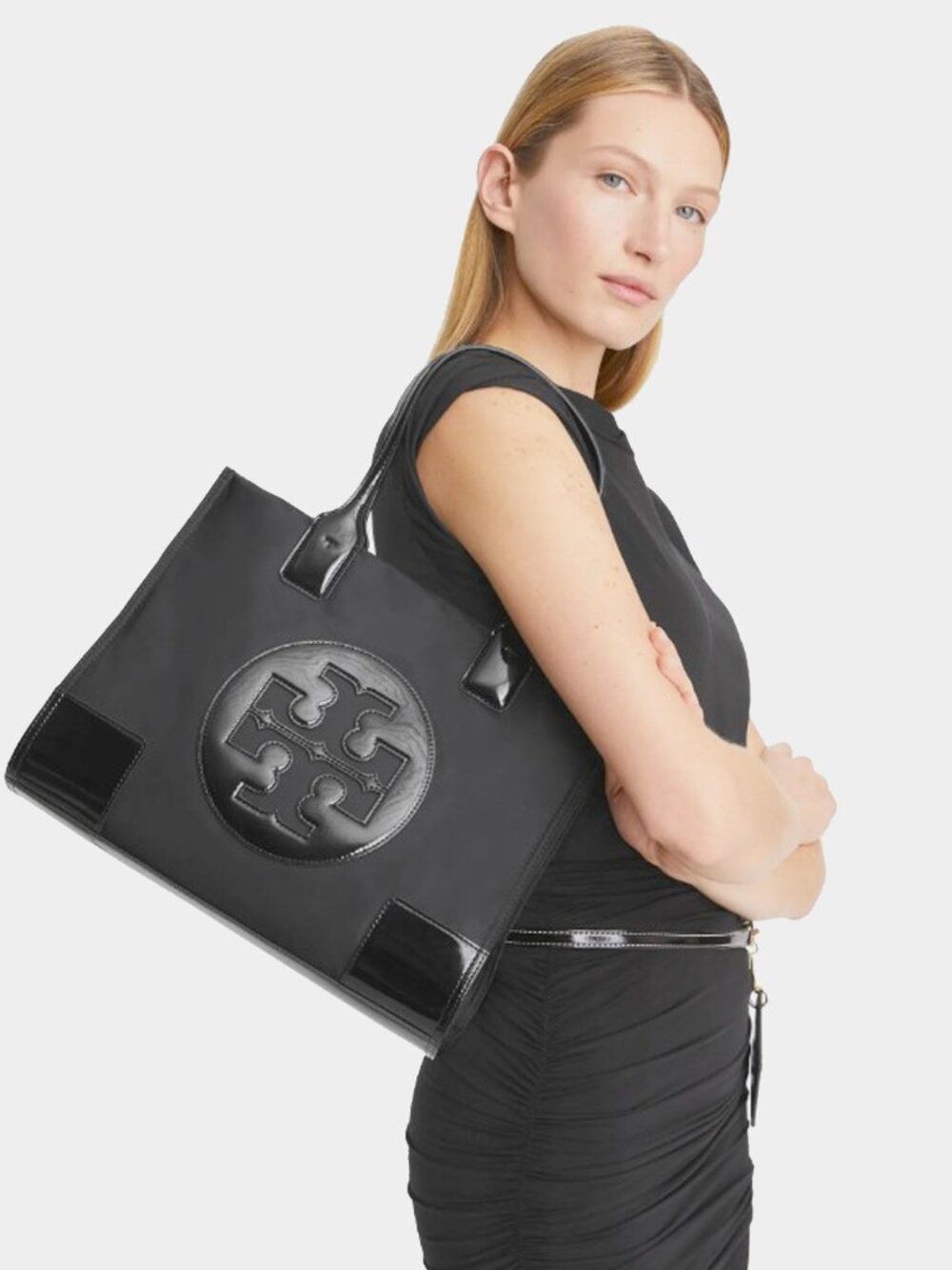 Tory Burch MINI ELLA Nylon/Patent Logo Tote Bag Black - Picture 2 of 15